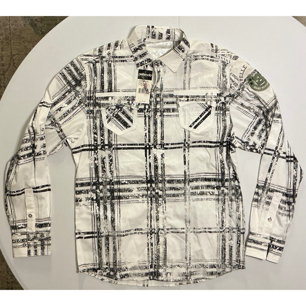 VTG Y2K Pelle Pelle Marc Buchanan Mens Plaid Button Down Shirt White Embroider